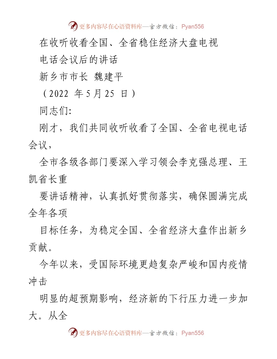 [发言] 全国、全省稳住经济大盘电视电话会议 - 新乡市市长魏建平讲话要点总结.docx_第1页