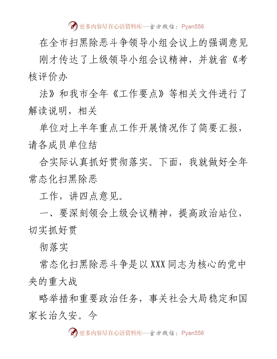 [发言] 全市扫黑除恶斗争领导小组会议 - 强调常态化扫黑除恶斗争的重要性与工作落实.docx_第1页