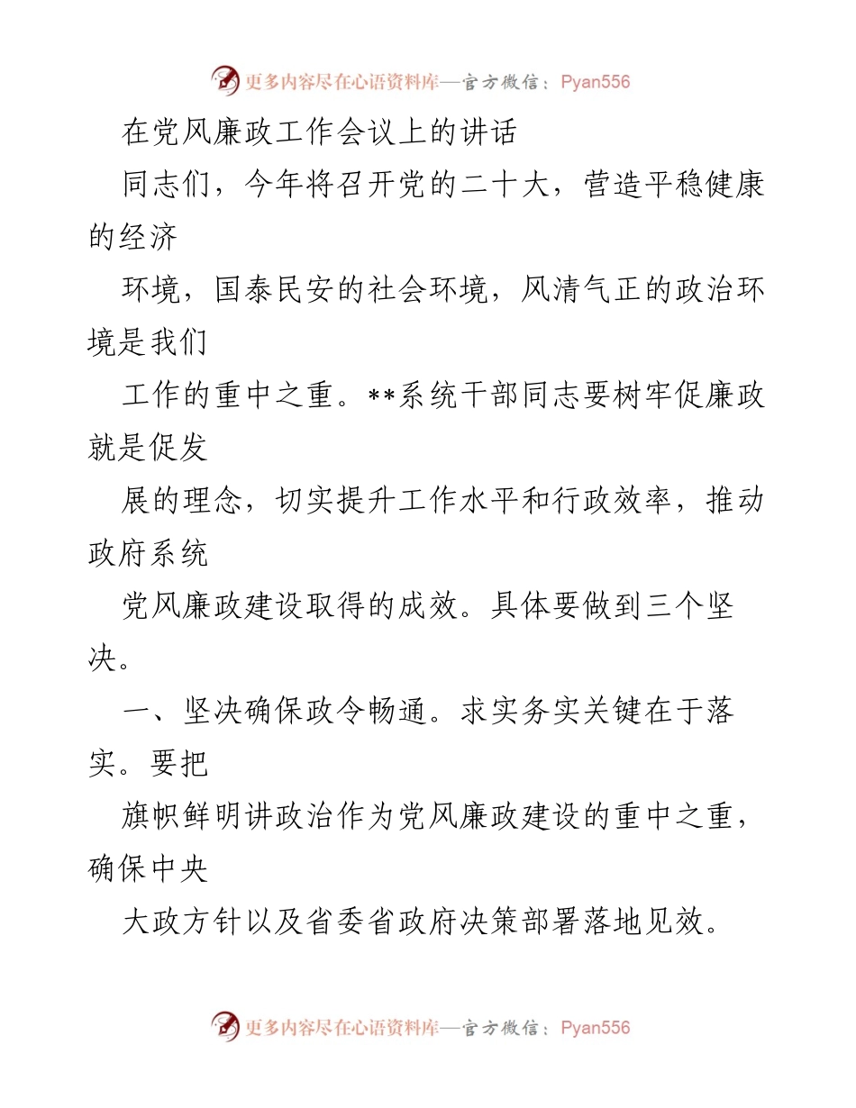 [发言] 党风廉政工作会议 - 确保政令畅通，推动党风廉政建设新成效.docx_第1页