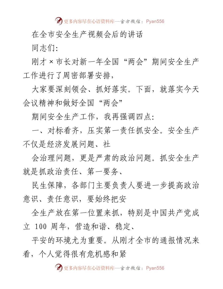 [发言] 全市安全生产视频会 - 加强安全生产责任，确保全国“两会”期间安全稳定.docx_第1页