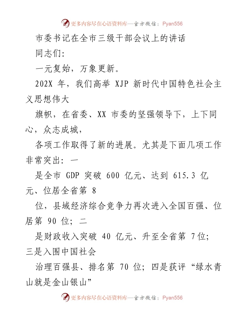 [发言] 全市三级干部会议 - 加强意识、迎接挑战，共创经济新局面.docx_第1页