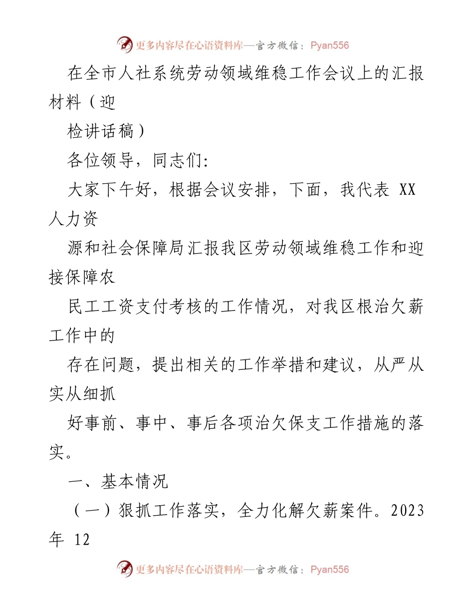 [发言] 全市人社系统劳动领域维稳工作会议 - 努力化解欠薪，保障农民工工资支付.docx_第1页