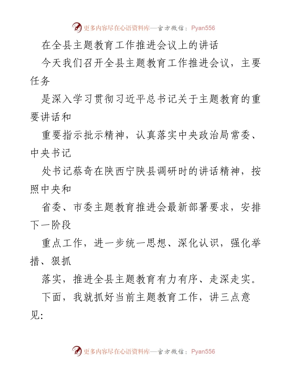 [发言] 全县主题教育工作推进会议 - 深入推进主题教育，强化落实与实效.docx_第1页
