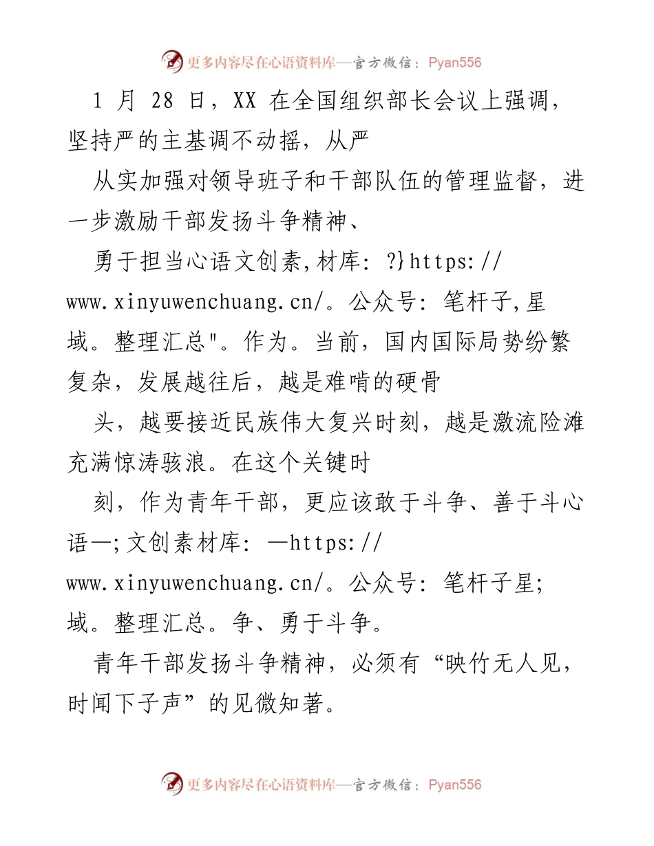 [发言] 全国组织部长会议 - 青年干部必须发扬斗争精神，勇于担当作为.docx_第1页