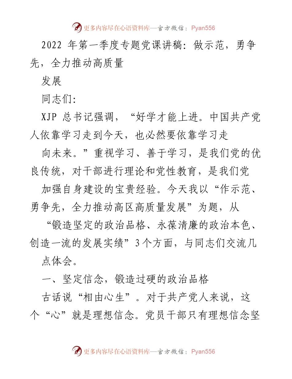 [发言] 党课 - 高质量发展的示范与争先精神.docx_第1页