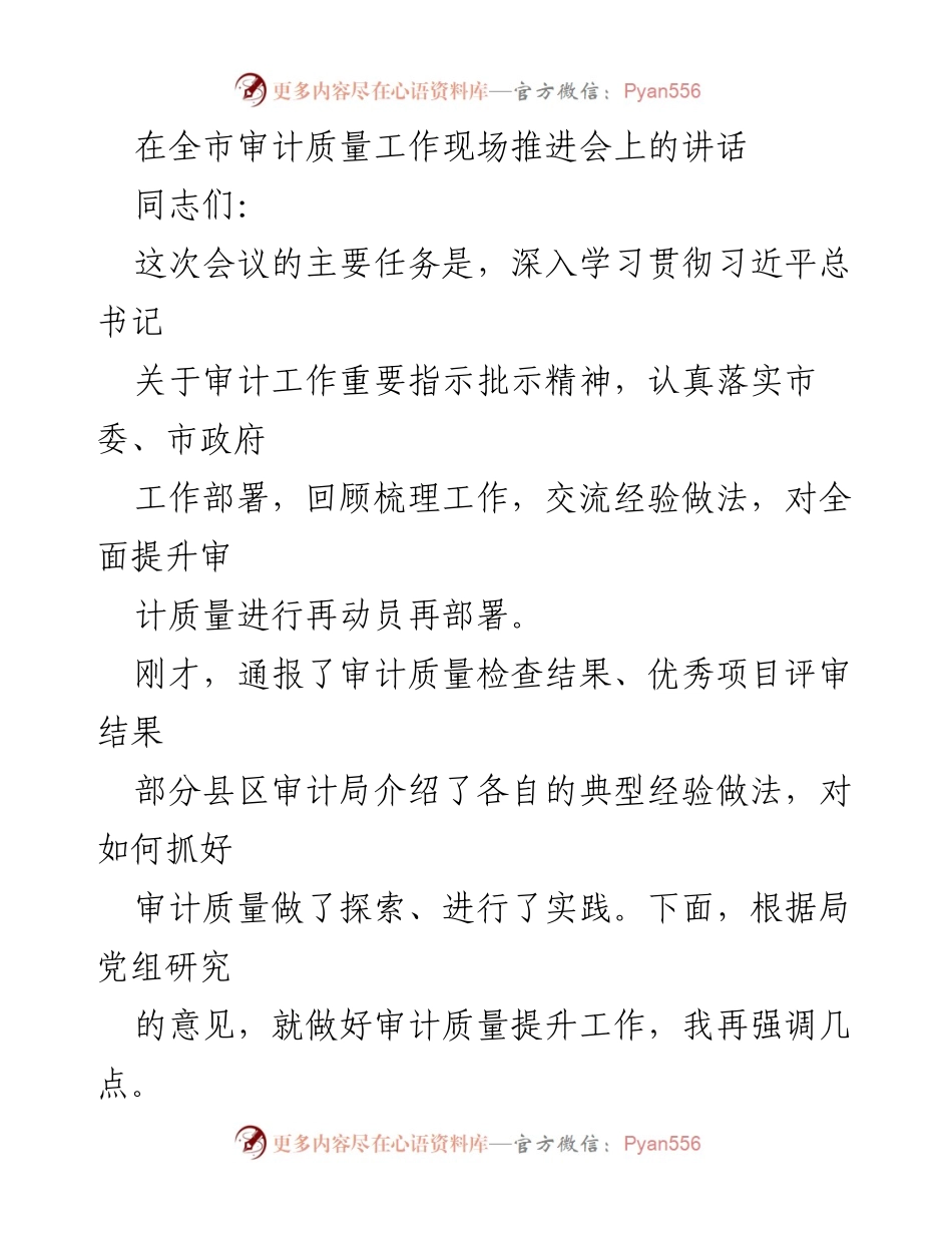 [发言] 全市审计质量工作现场推进会 - 提升审计质量，服务现代化强市建设.docx_第1页