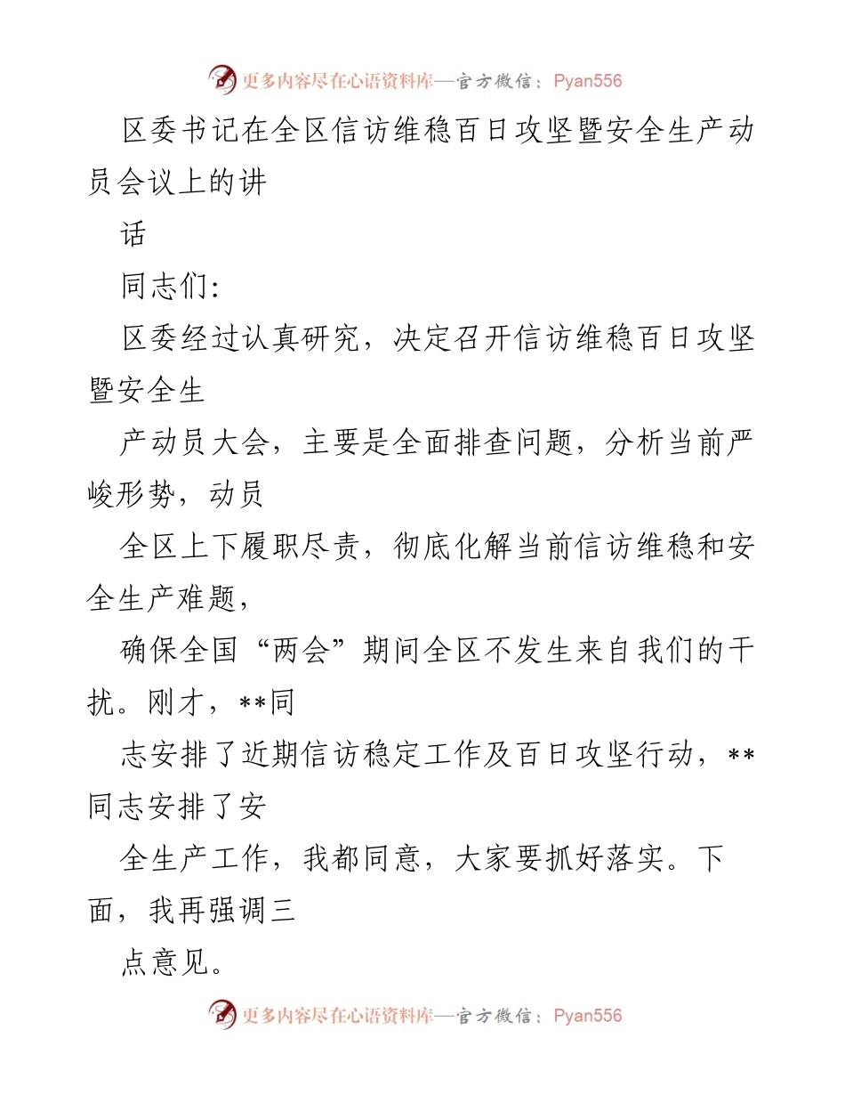[发言] 全区信访维稳百日攻坚暨安全生产动员会议 - 提升政治站位，确保信访维稳与安全生产双保障.docx_第1页