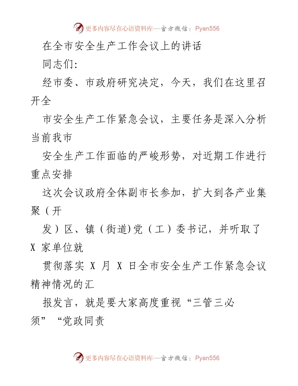 [发言] 全市安全生产工作会议 - 强化安全生产责任，杜绝重大事故发生.docx_第1页