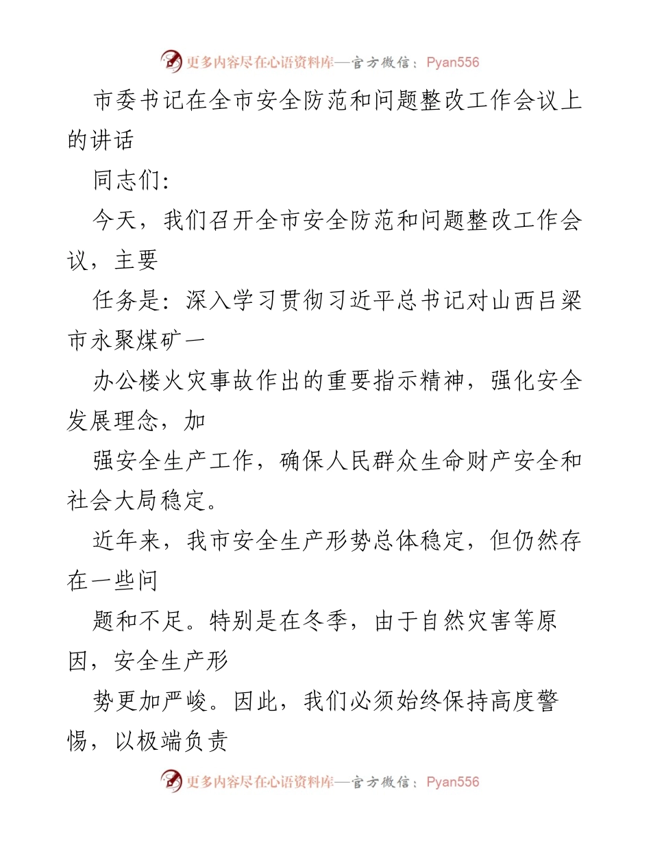 [发言] 全市安全防范和问题整改工作会议 - 强化安全生产理念，确保冬季安全稳定.docx_第1页
