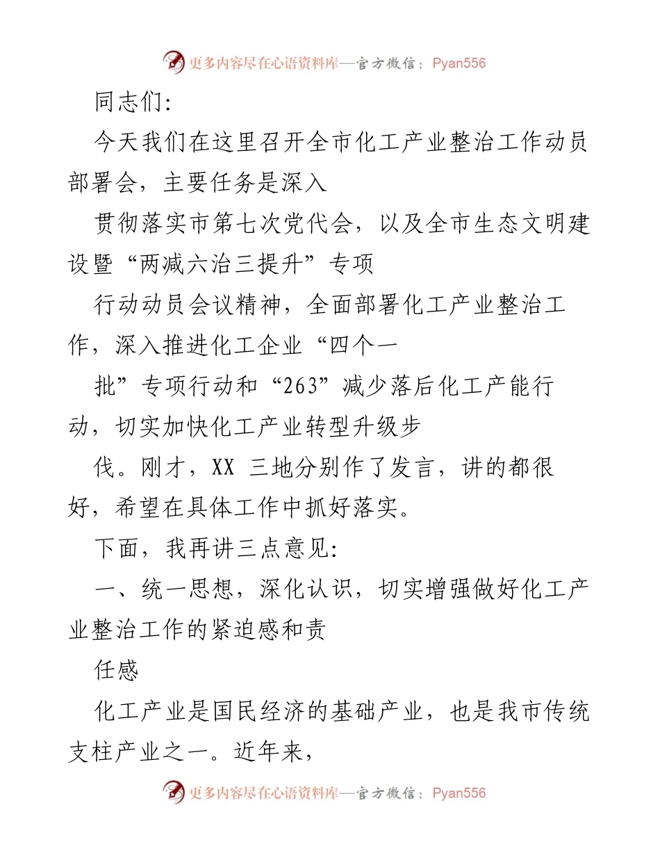 [发言] 全市化工产业整治工作动员部署会 - 全面推进化工产业整治与转型升级.docx_第1页