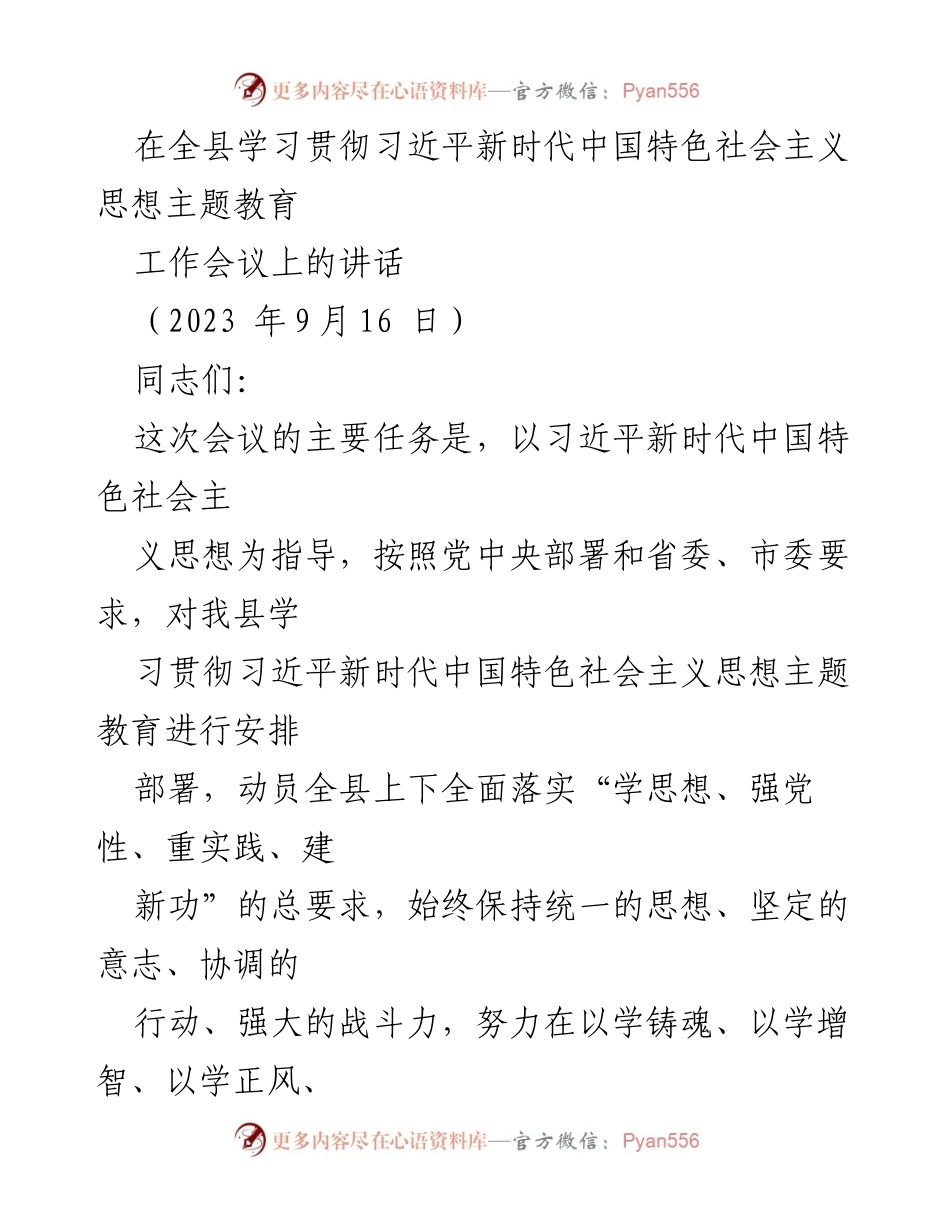 [发言] 全县主题教育工作会议 - 深入学习贯彻习近平新时代中国特色社会主义思想的重要性.docx_第1页