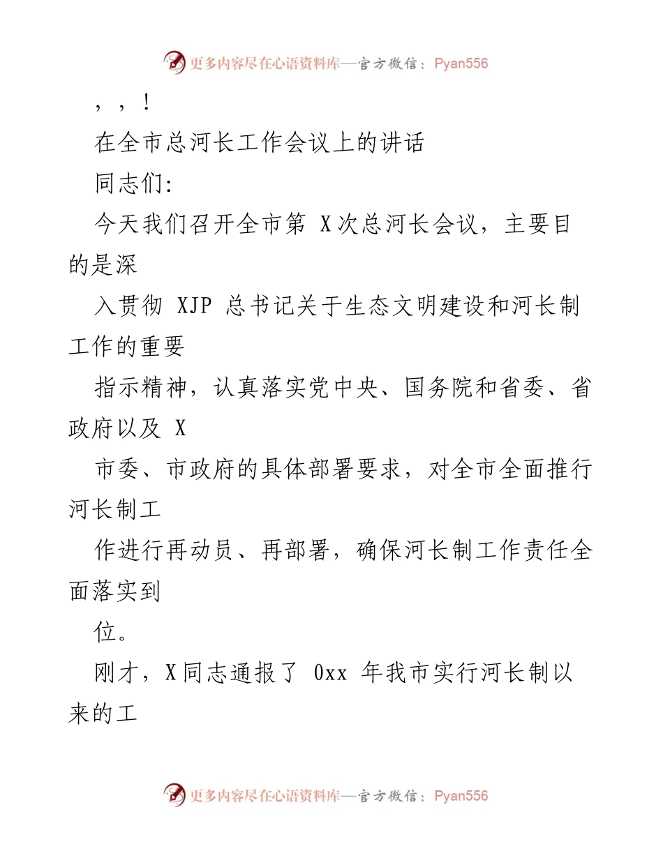 [发言] 全市总河长工作会议讲话要点总结.docx_第1页