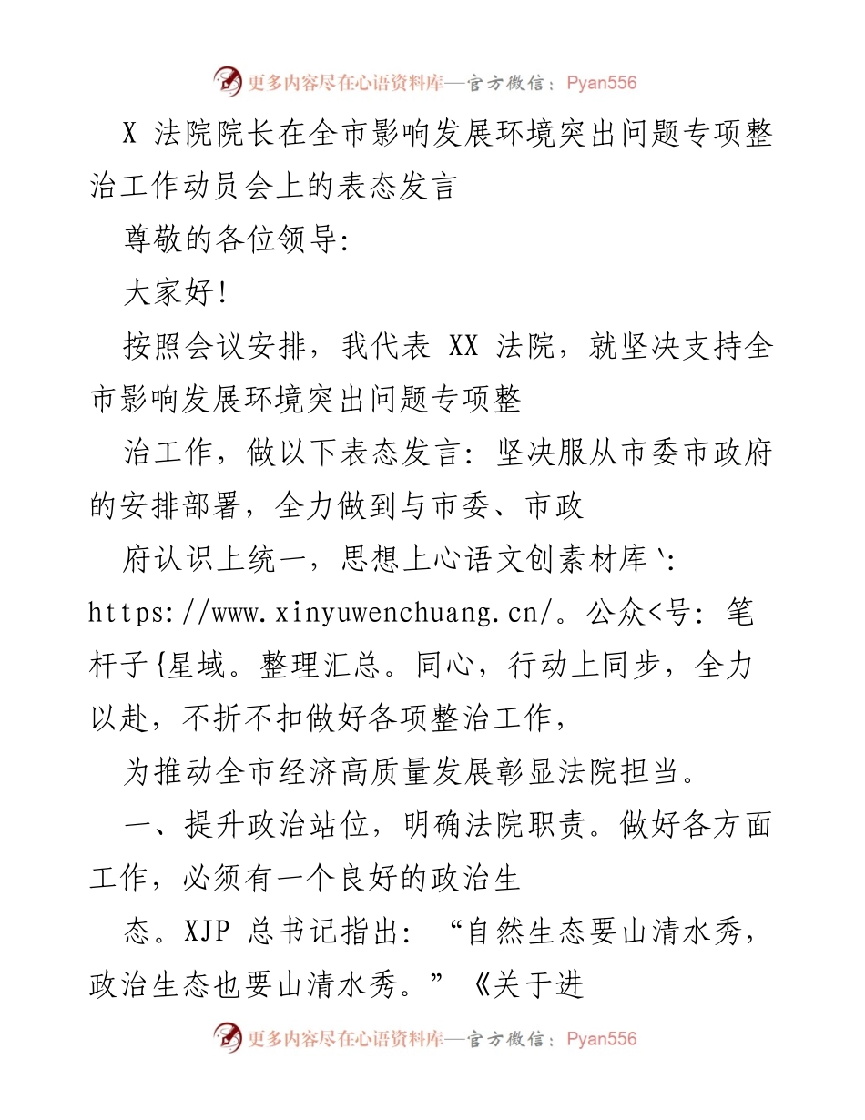 [发言] 全市影响发展环境突出问题专项整治工作动员会 - XX法院院长表态发言：全力支持优化发展环境.docx_第1页