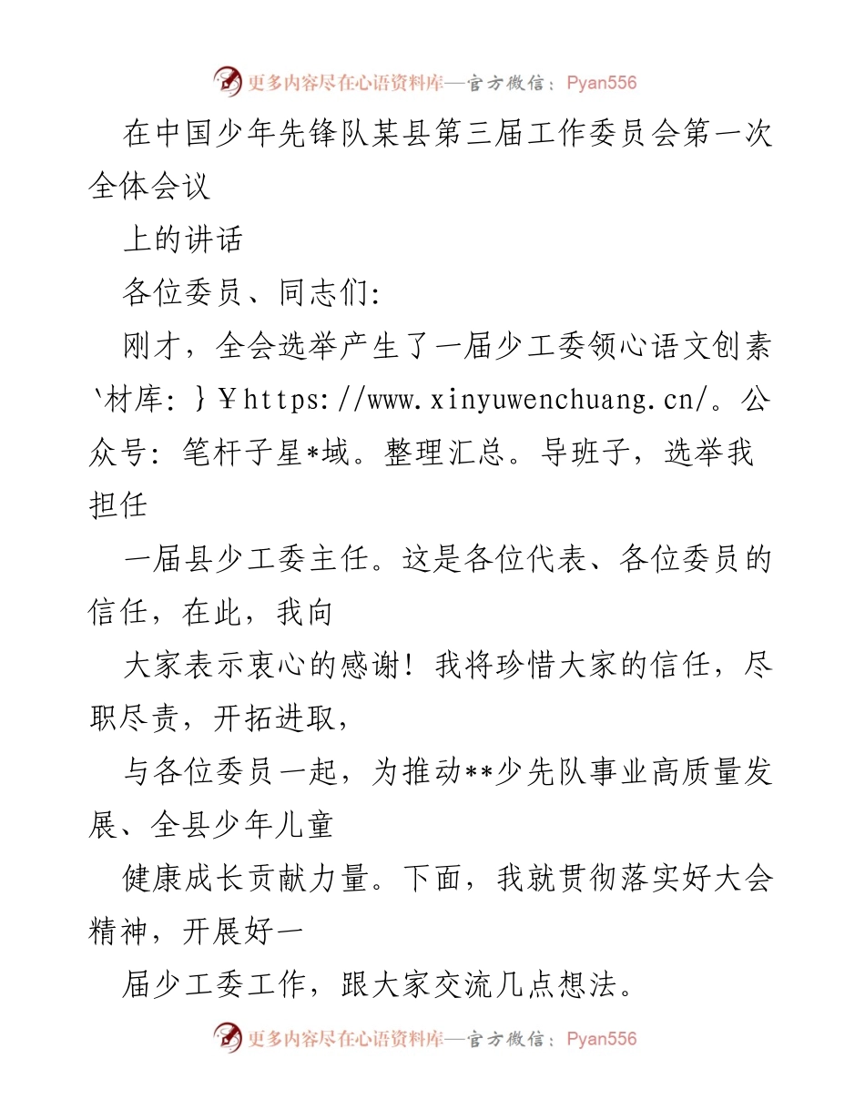 [发言] 全体会议 - 推动少先队事业高质量发展的讲话.docx_第1页