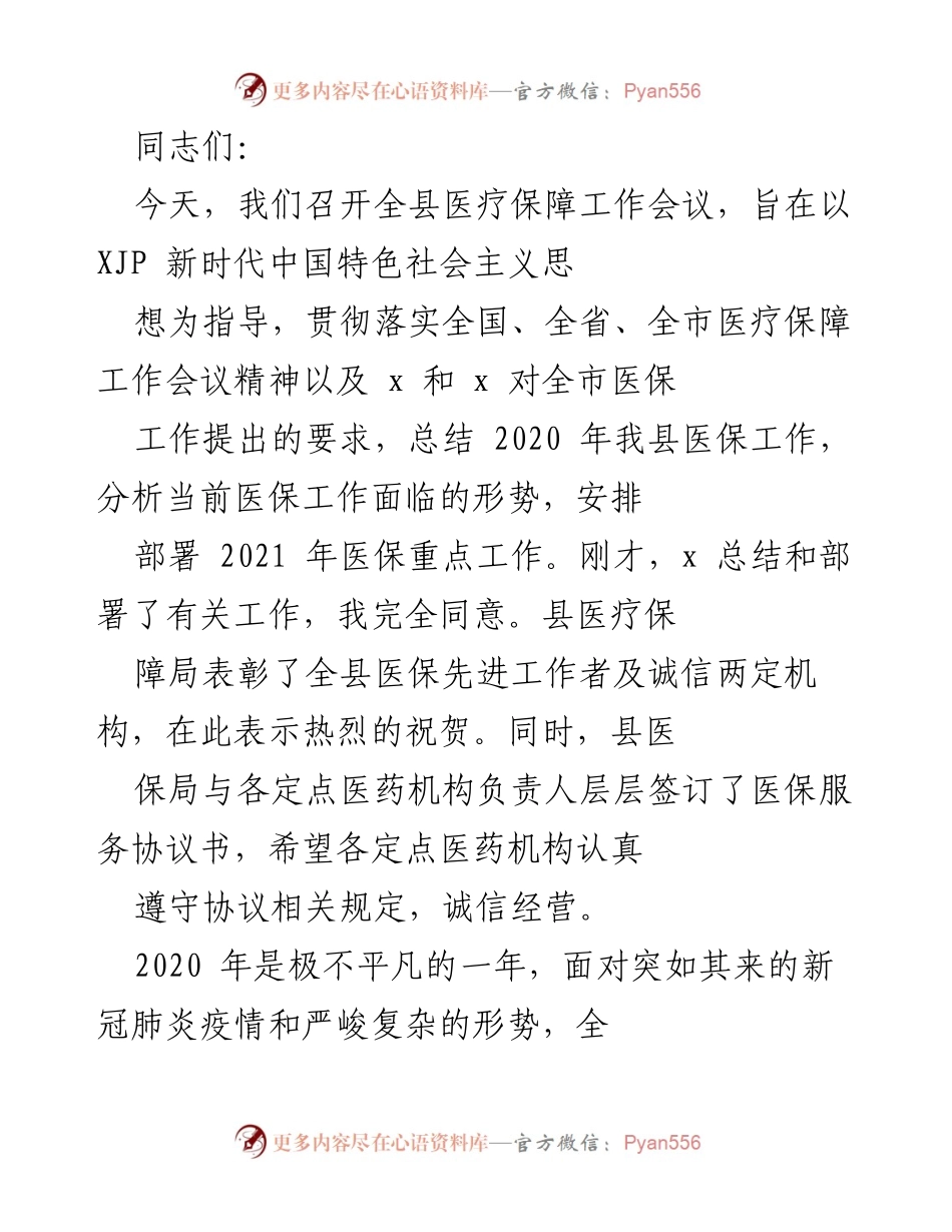 [发言] 全县医疗保障工作会议 - 深入推进医疗保障工作，提升民生福祉.docx_第1页