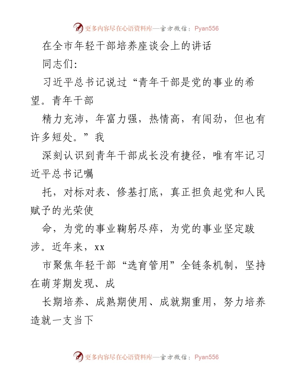[发言] 全市年轻干部培养座谈会 - 培养年轻干部的使命与期望_1.docx_第1页