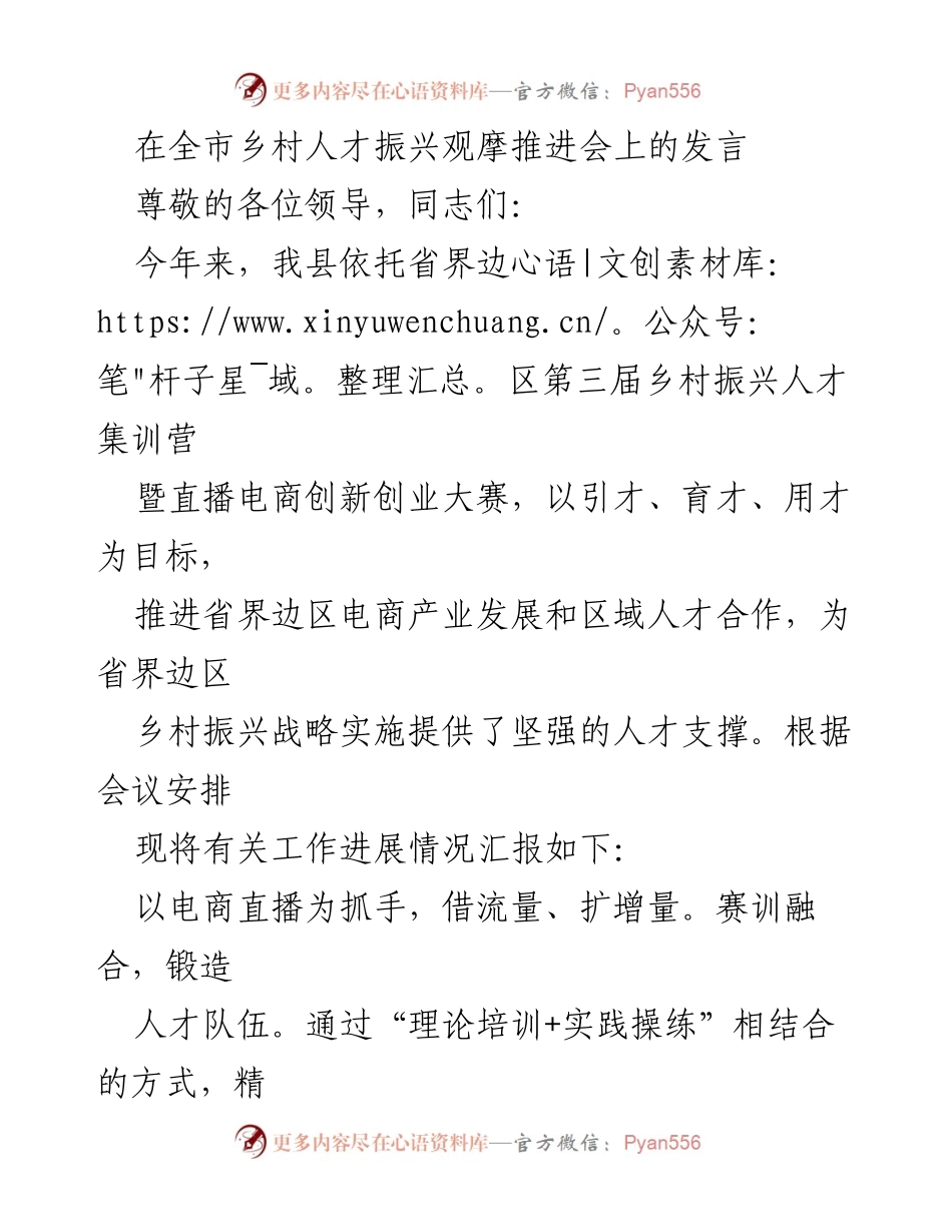 [发言] 全市乡村人才振兴观摩推进会 - 推动电商产业与乡村振兴的人才发展策略.docx_第1页