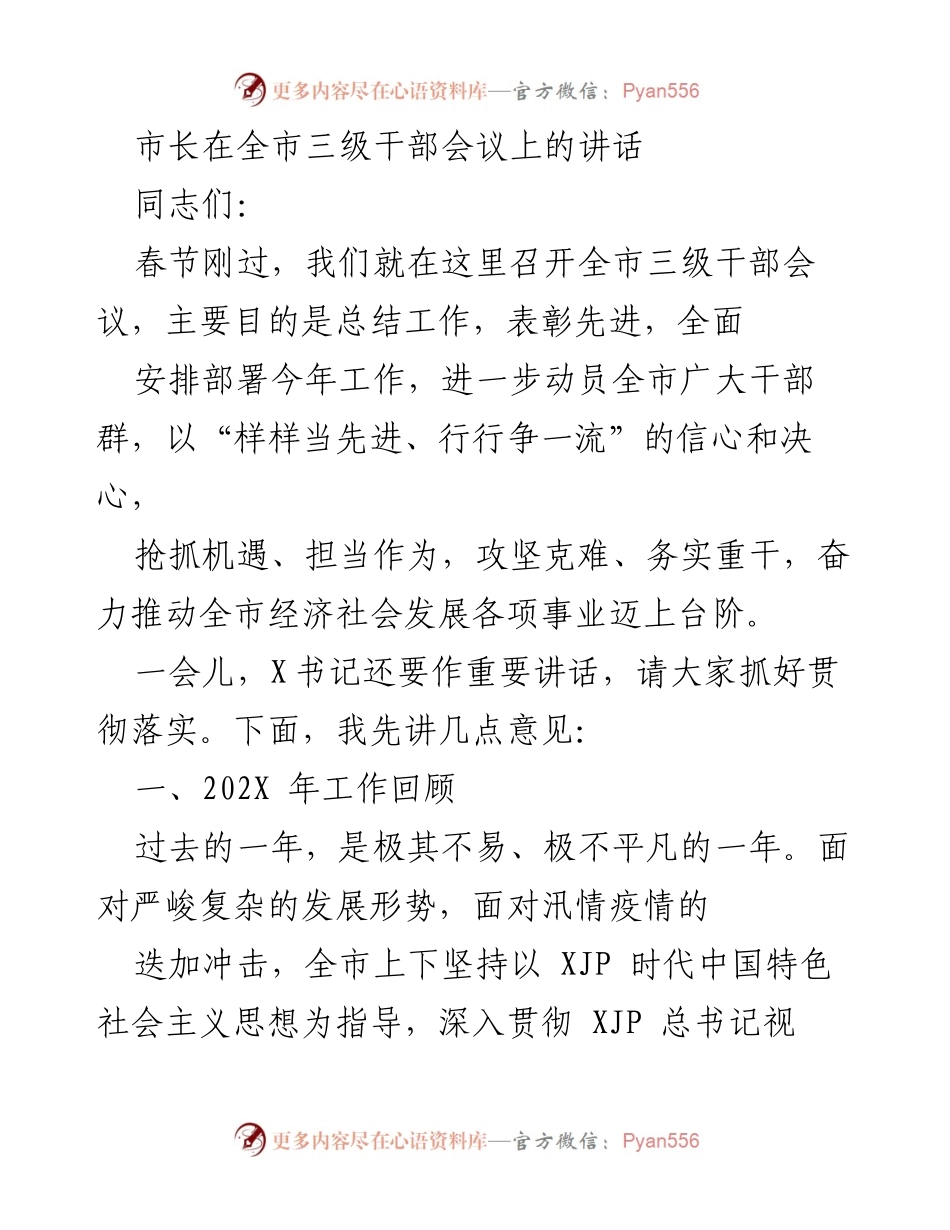 [发言] 全市三级干部会议 - 总结过去，展望未来：推动全市经济社会发展新征程.docx_第1页