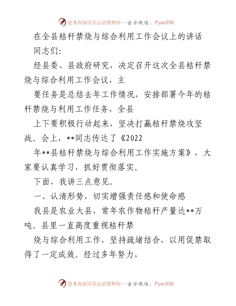 [发言] 全县秸秆禁烧与综合利用工作会议 - 秸秆禁烧攻坚战：责任与措施并重_1.docx_第1页