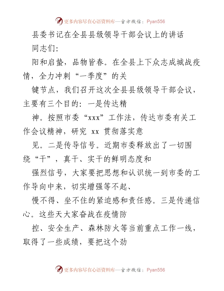 [发言] 全县县级领导干部会议 - 加快落实市委工作要求，奋力战疫情和推动经济发展.docx_第1页