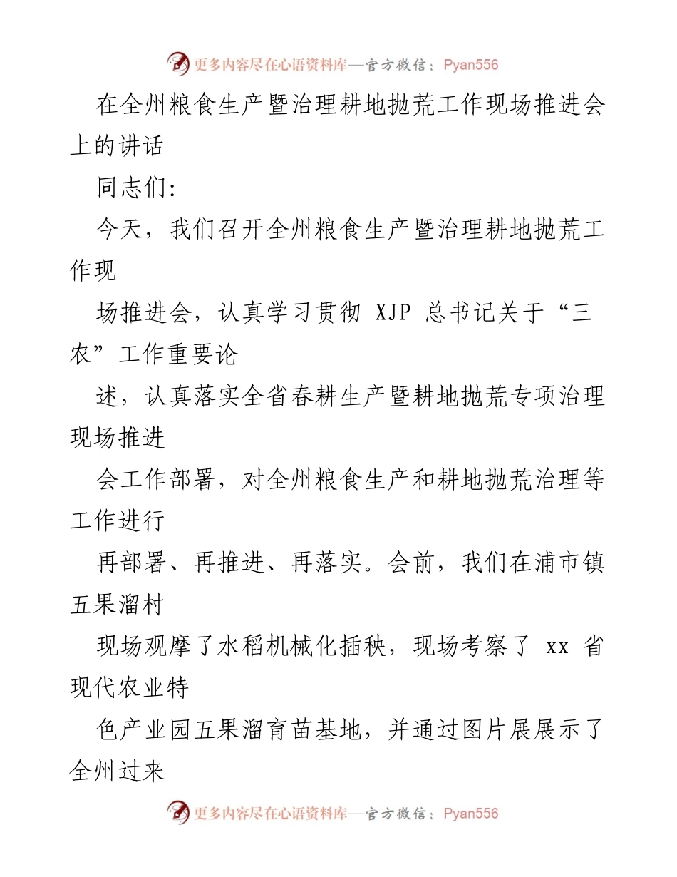 [发言] 全州粮食生产暨治理耕地抛荒工作现场推进会 - 加强耕地保护与粮食安全责任落实.docx_第1页