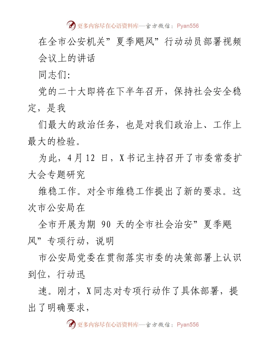 [发言] 全市公安机关“夏季飓风”行动动员部署视频会议 - 强化社会治安，确保党的二十大安全保卫战成功.docx_第1页