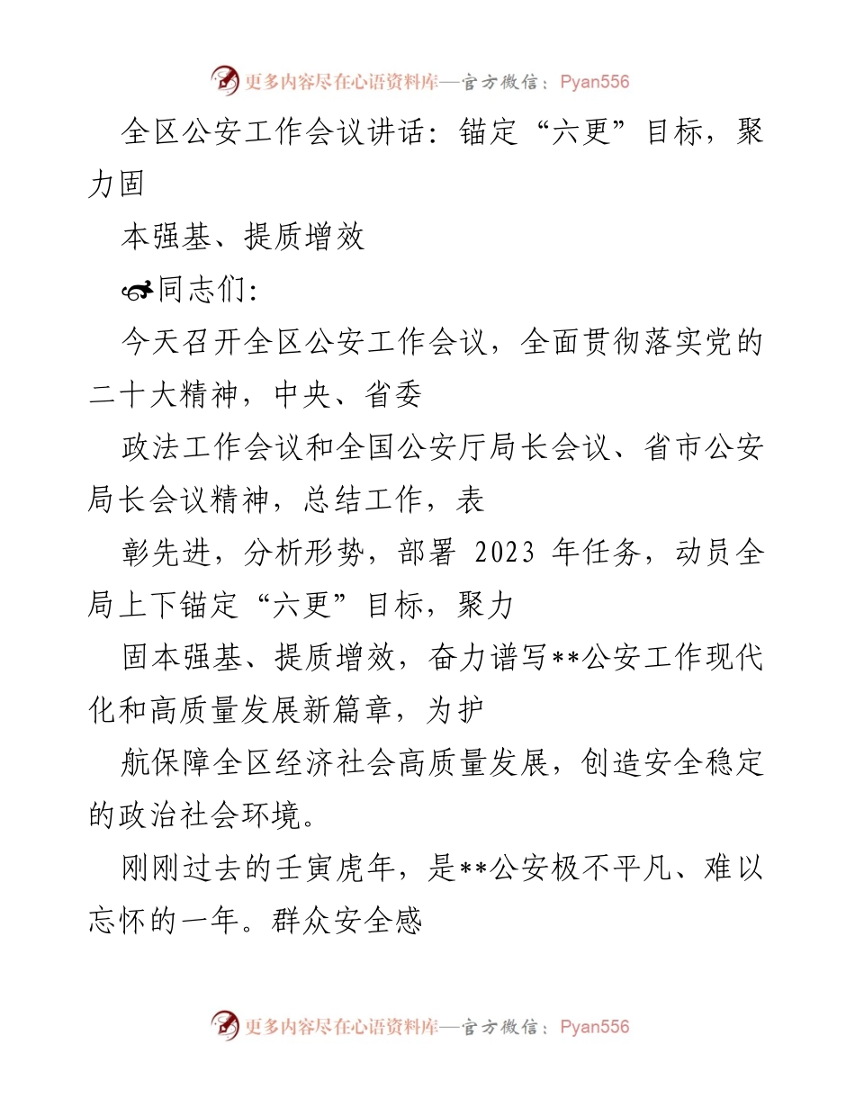 [发言] 全区公安工作会议 - 锚定“六更”目标，推动公安工作高质量发展.docx_第1页