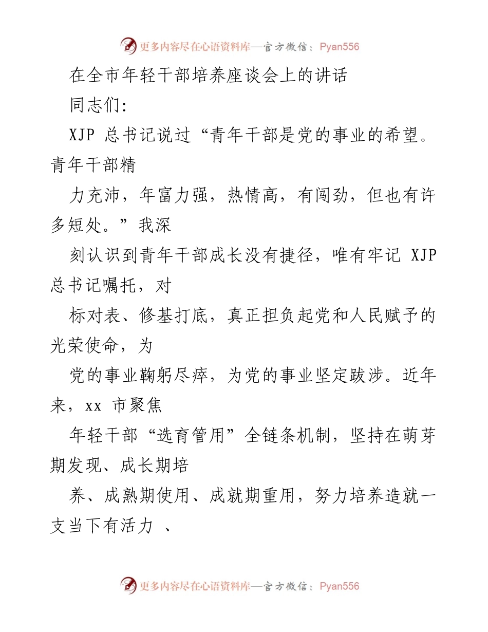 [发言] 全市年轻干部培养座谈会 - 培养年轻干部的使命与期望.docx_第1页