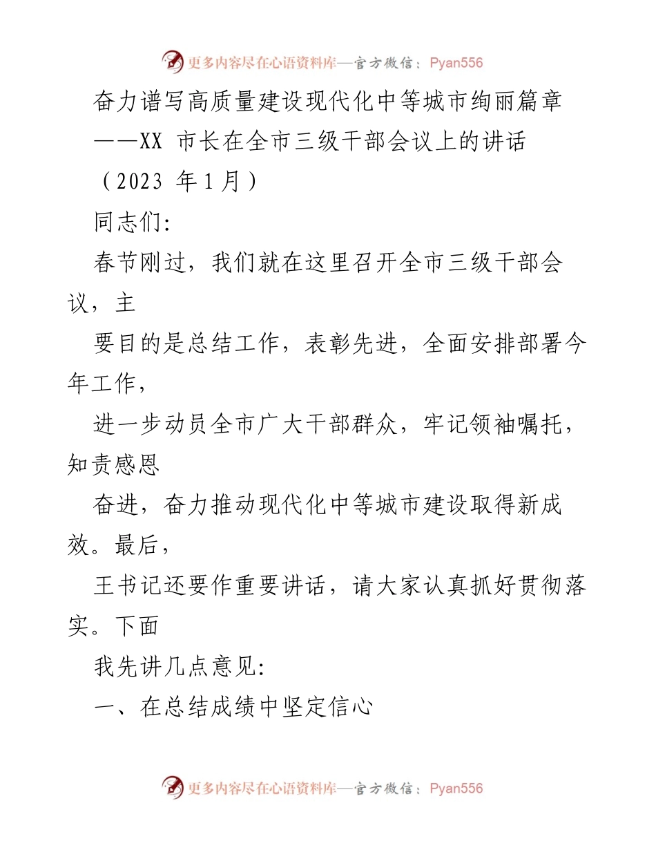 [发言] 全市三级干部会议 - 奋力推动现代化中等城市建设新成效.docx_第1页