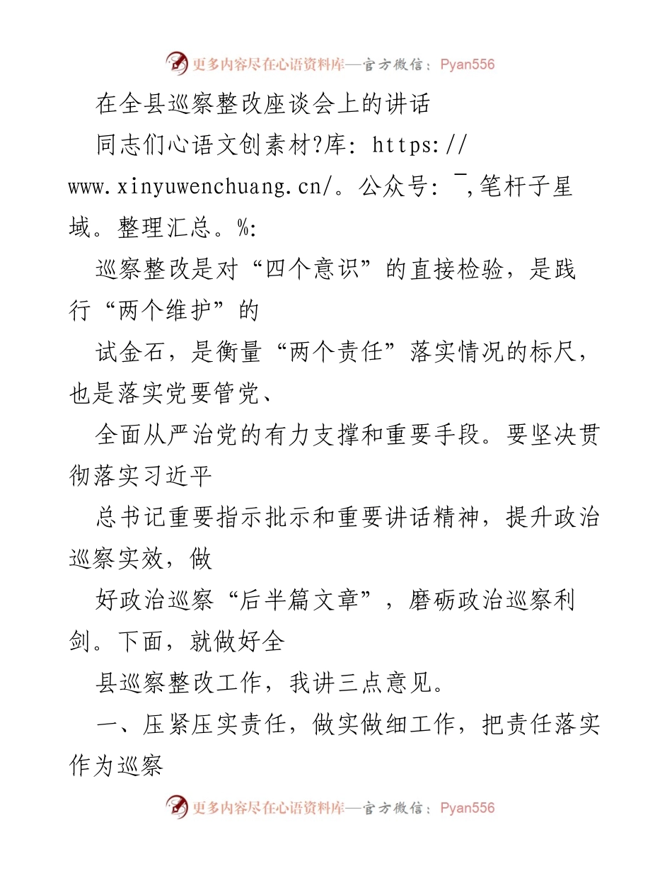 [发言] 全县巡察整改座谈会 - 加强巡察整改，提升政治站位与责任担当.docx_第1页
