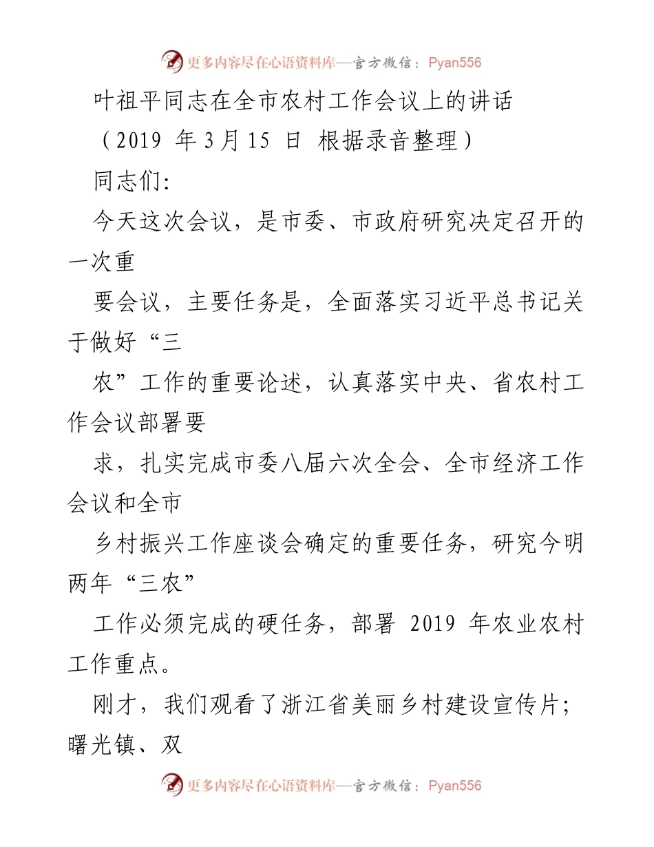 [发言] 全市农村工作会议 - 叶祖平同志关于推动乡村振兴和“三农”工作的讲话.docx_第1页