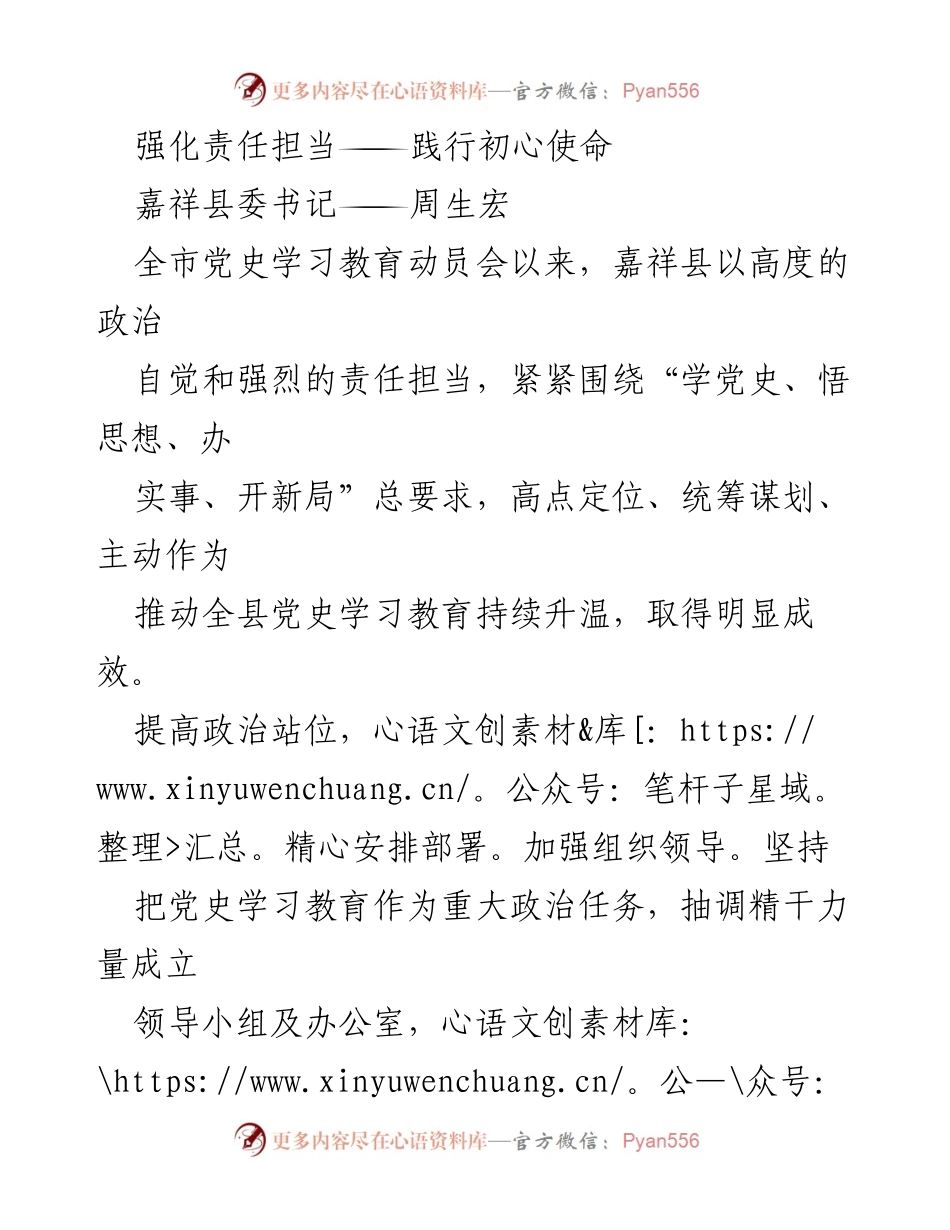 [发言] 全市党史学习教育动员会 - 强化责任担当，推动嘉祥县党史学习教育深入开展.docx_第1页