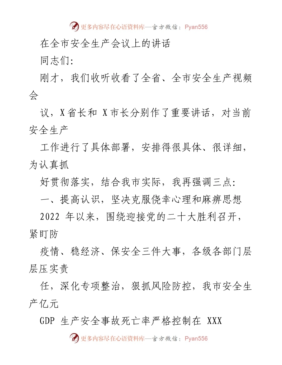 [发言] 全市安全生产会议 - 加强安全生产意识，汲取教训，确保安全隐患排查整改.docx_第1页