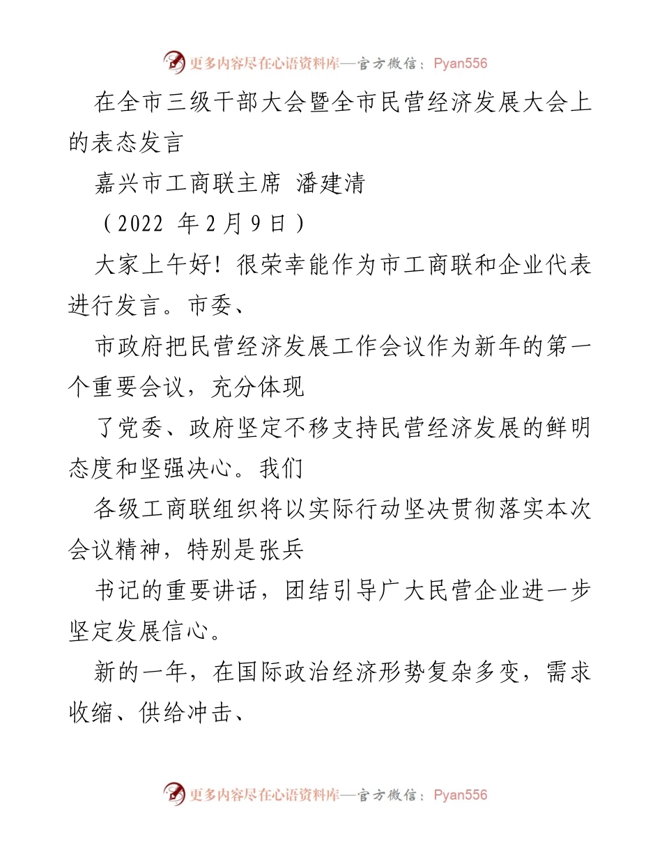 [发言] 全市三级干部大会暨全市民营经济发展大会 - 加强民营经济发展信心，推动嘉兴高质量发展.docx_第1页