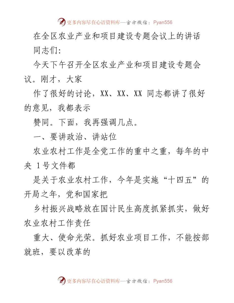 [发言] 全区农业产业和项目建设专题会议 - 强调农业项目建设的政治责任与实际效果.docx_第1页