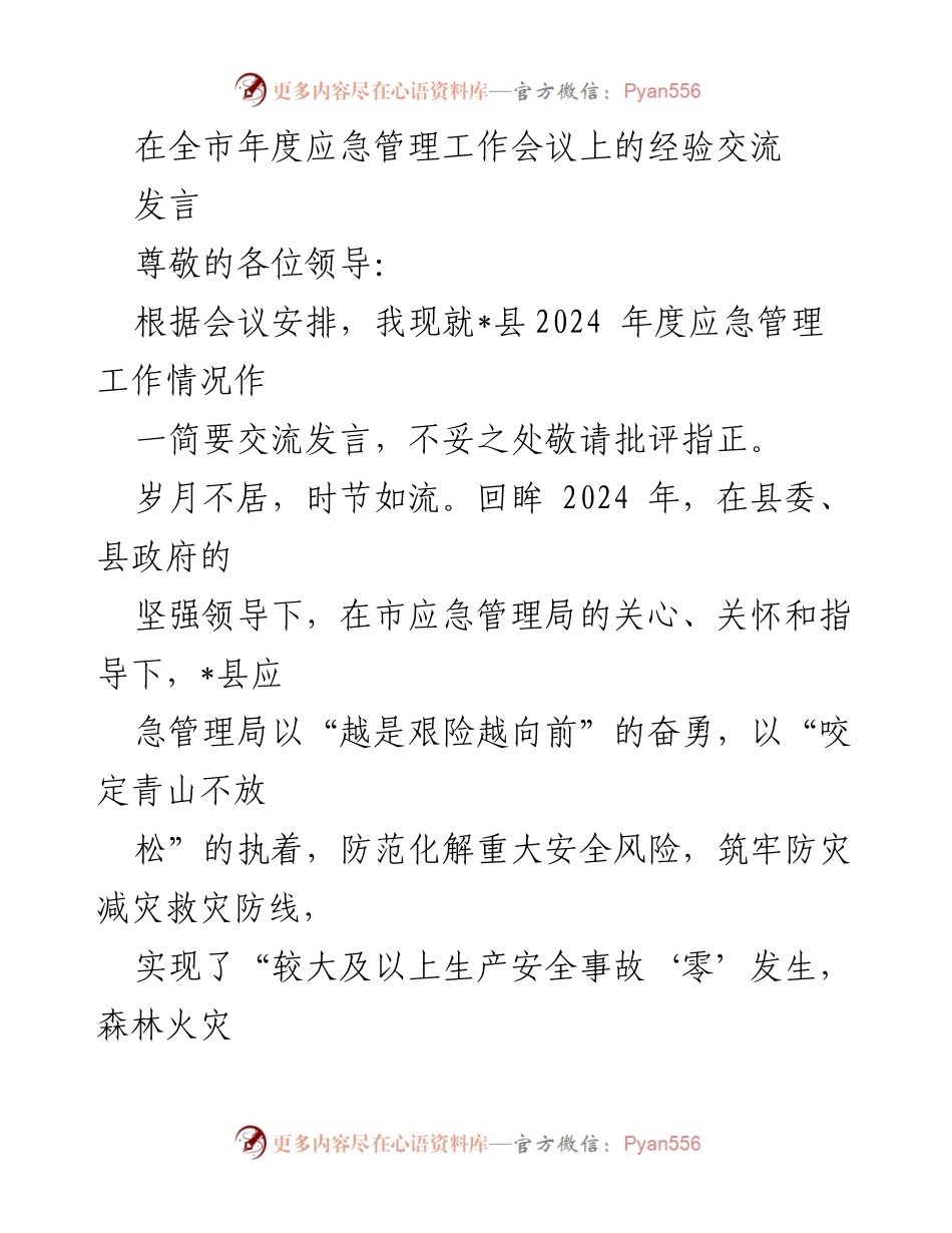 [发言] 全市年度应急管理工作会议 - _县2024年度应急管理工作经验交流.docx_第1页