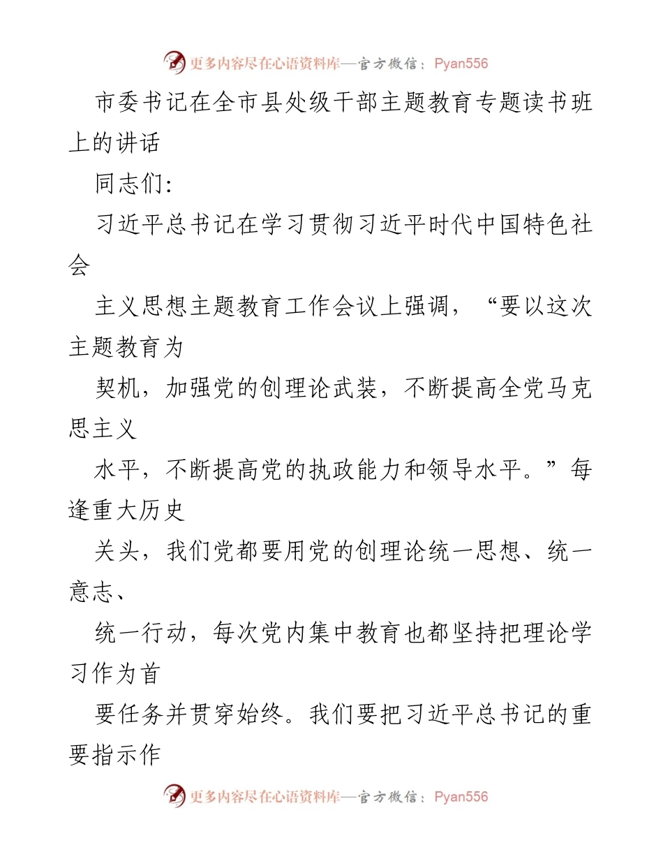 [发言] 全市县处级干部主题教育专题读书班 - 深化理论学习，坚定理想信念：推动主题教育实效.docx_第1页