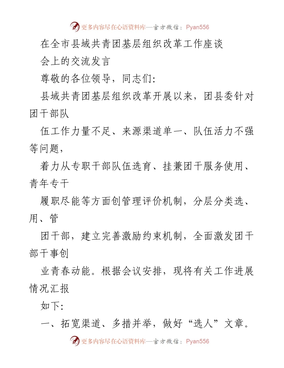 [发言] 全市县域共青团基层组织改革工作座谈会 - 加强团干部队伍建设，激发青春动能.docx_第1页