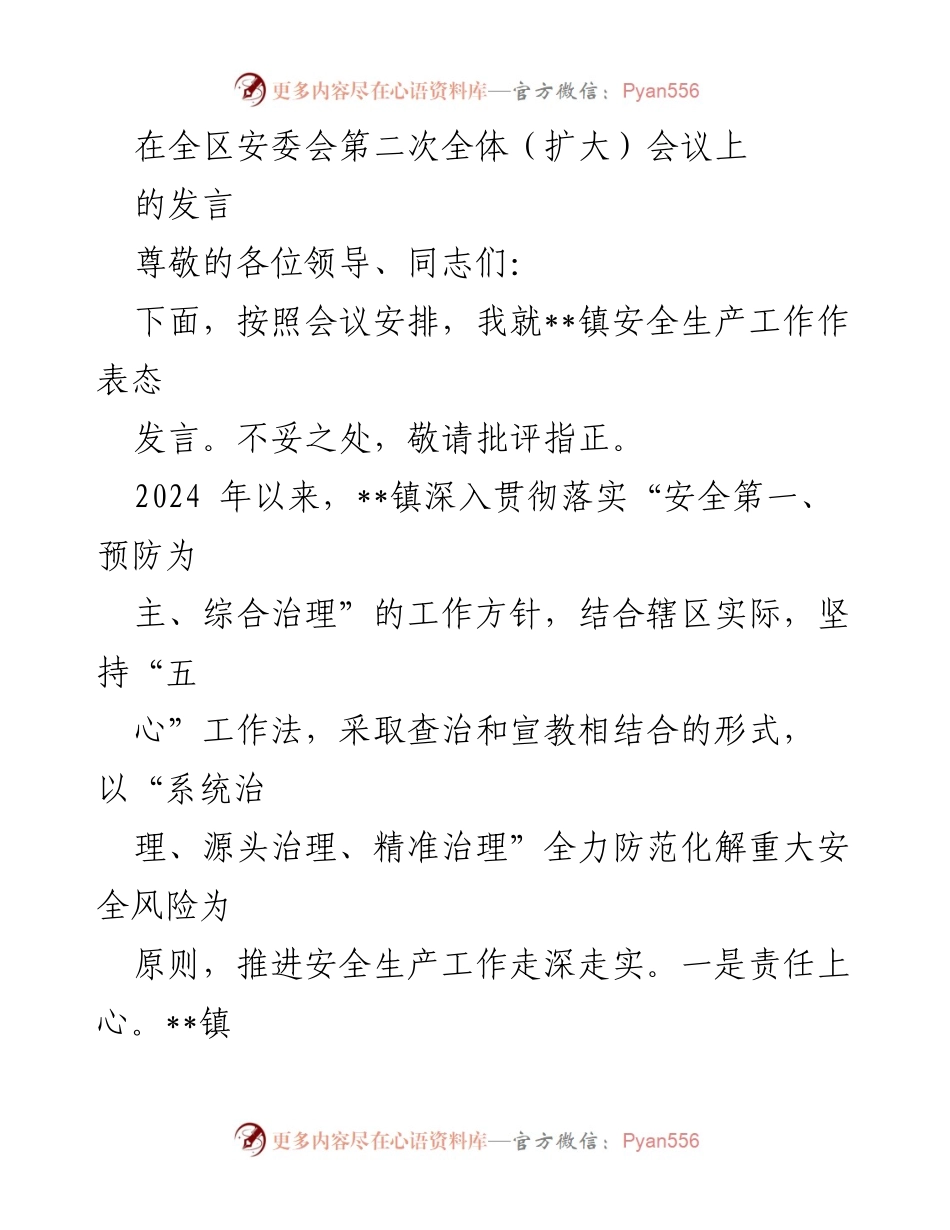 [发言] 全区安委会第二次全体（扩大）会议 - __镇安全生产工作表态发言.docx_第1页