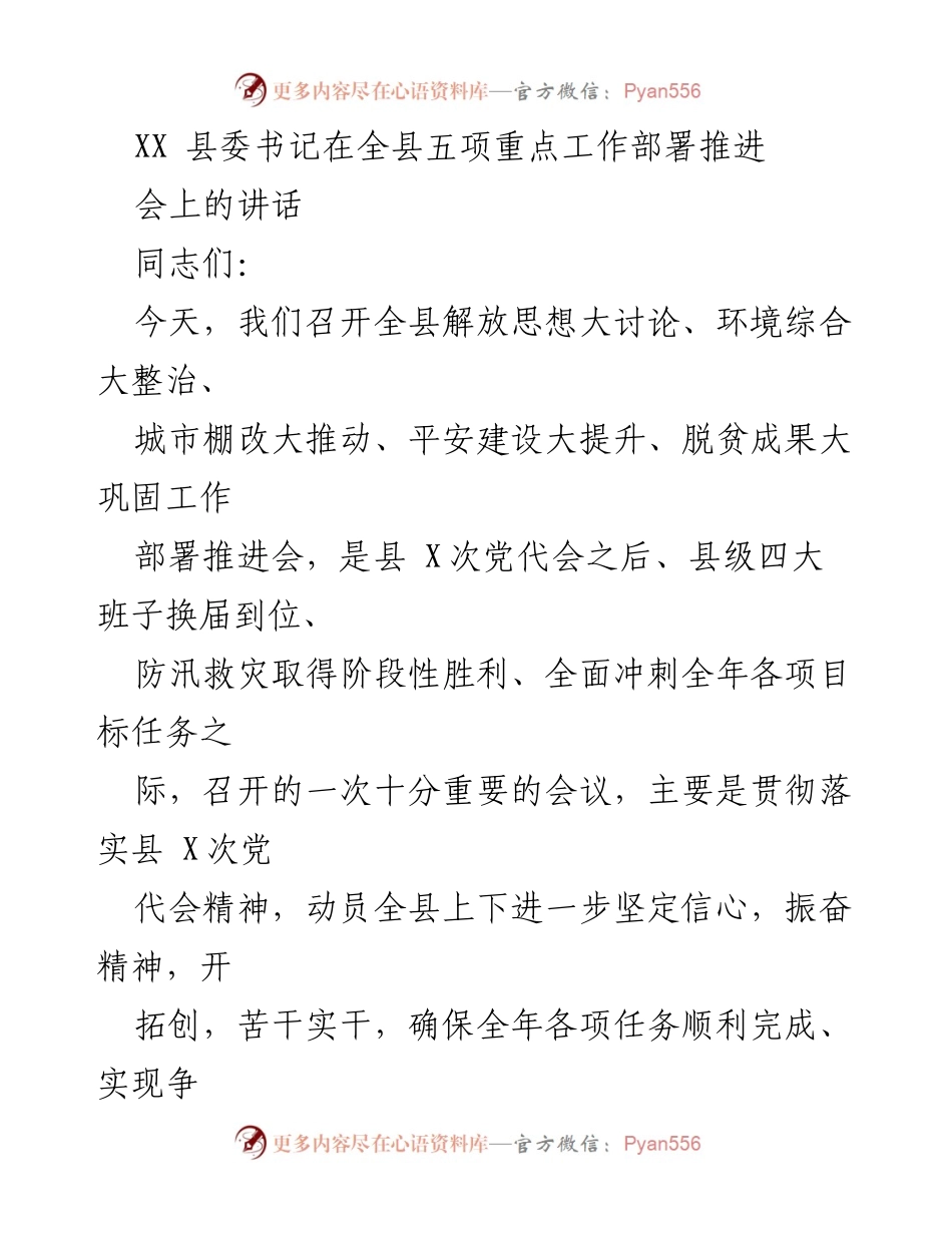 [发言] 全县五项重点工作部署推进会 - 加强思想解放，推动五项重点工作落实.docx_第1页