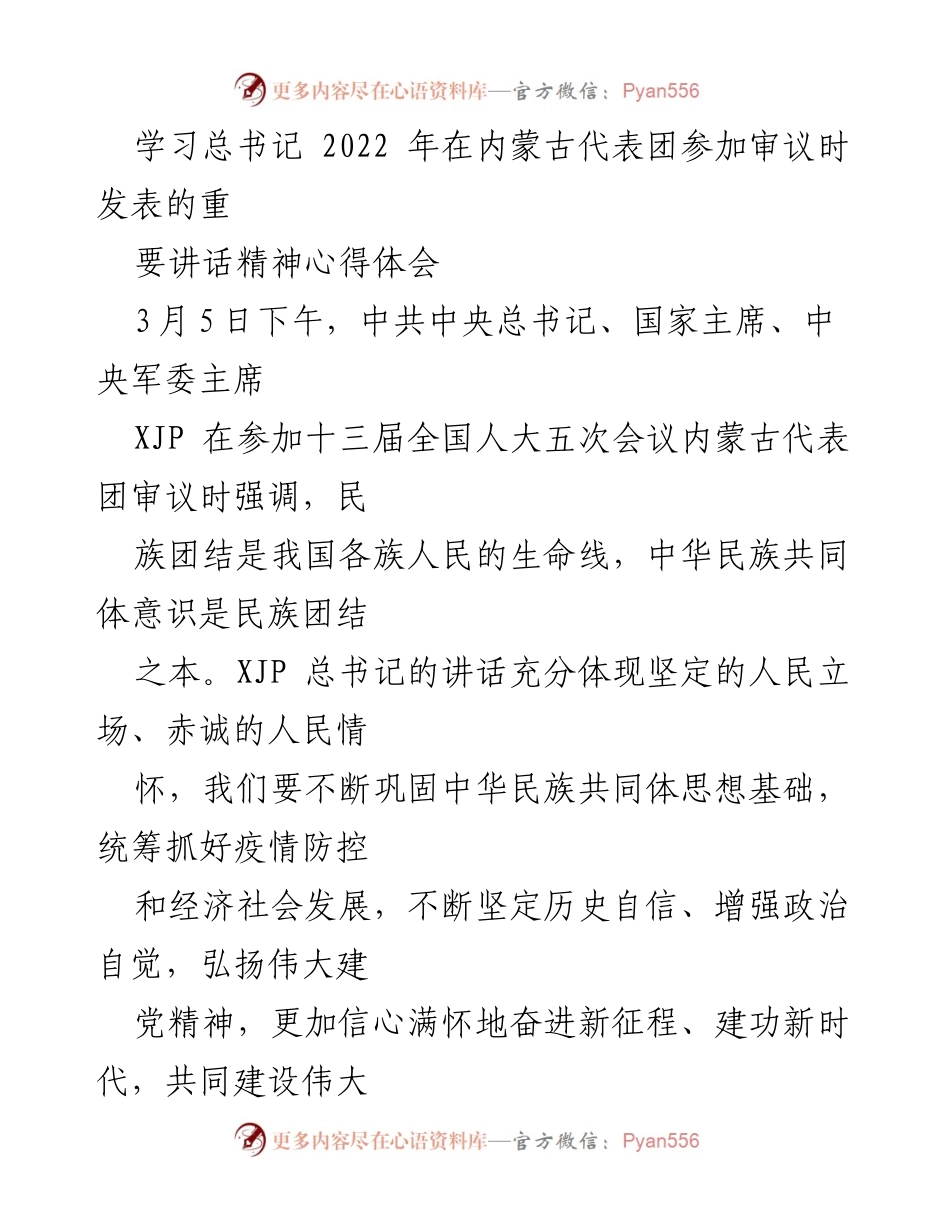 [发言] 全国人大会议 - 学习总书记重要讲话精神，推动民族团结与高质量发展.docx_第1页