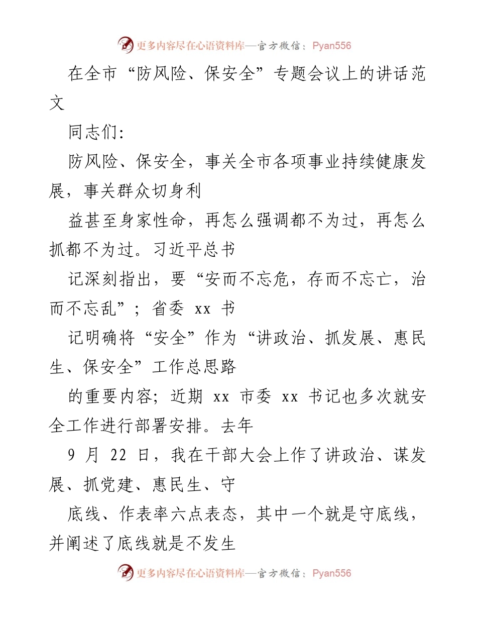 [发言] 全市“防风险、保安全”专题会议 - 强化安全意识，确保全市稳定发展的重要讲话.docx_第1页