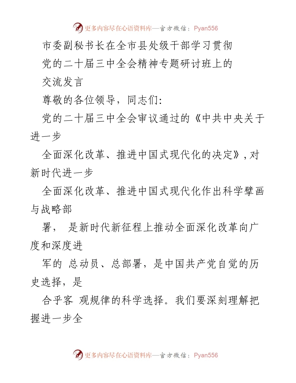 [发言] 全市县处级干部学习贯彻党的二十届三中全会精神专题研讨班 - 深入理解全面深化改革的实践逻辑与动力.docx_第1页