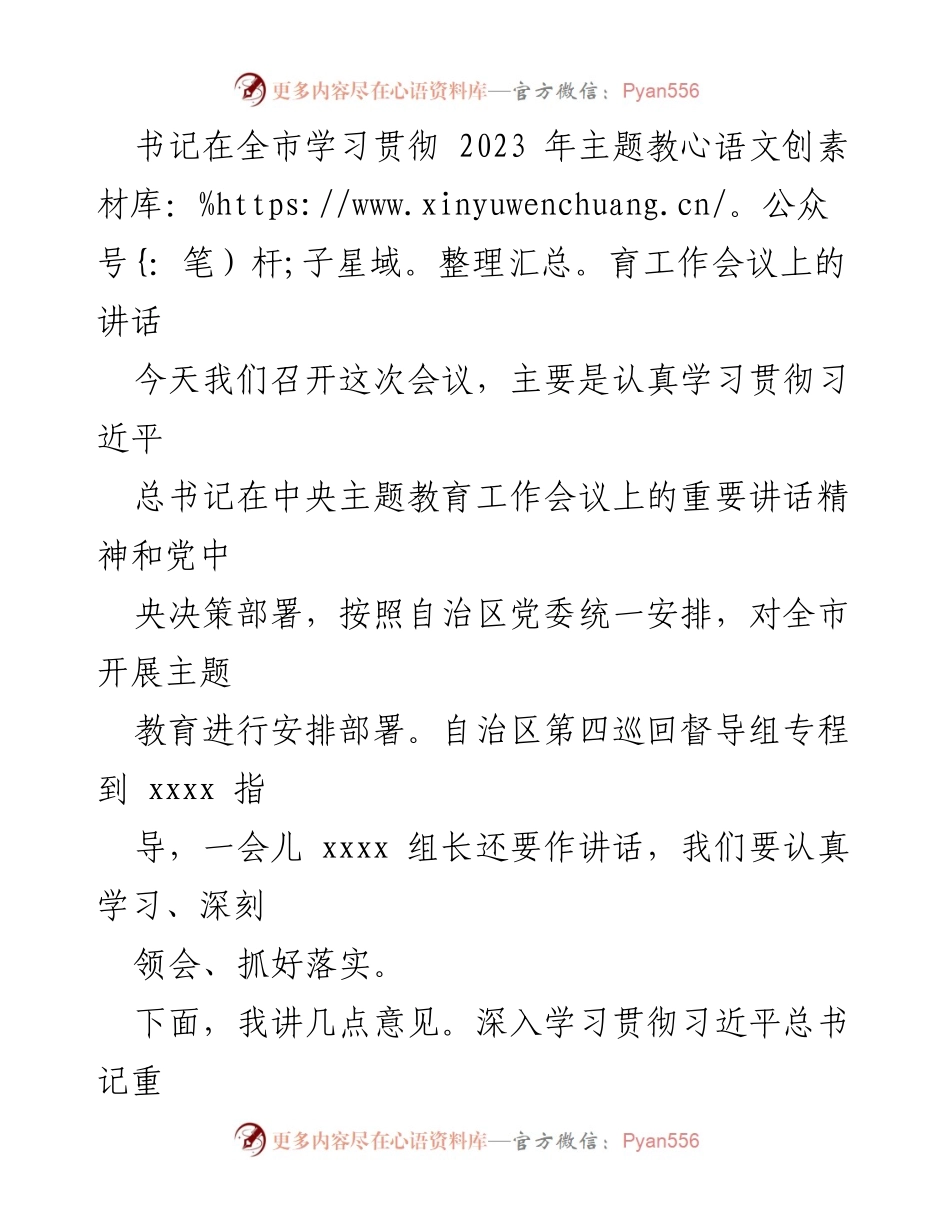 [发言] 全市学习贯彻主题教育工作会议 - 深入学习贯彻习近平总书记重要讲话精神，扎实推进主题教育.docx_第1页