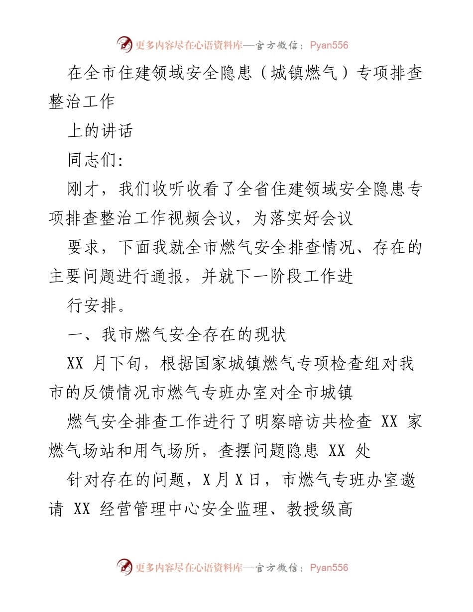 [发言] 全市住建领域安全隐患专项排查整治工作会议 - 燃气安全排查整治工作的重要性与当前问题分析.docx_第1页