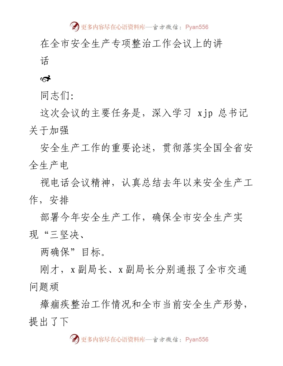 [发言] 全市安全生产专项整治工作会议 - 加强安全生产工作，确保实现“三坚决、两确保”目标.docx_第1页
