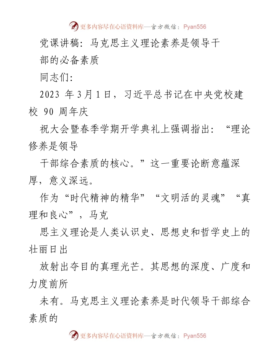 [发言] 党课 - 马克思主义理论素养：领导干部的核心素质.docx_第1页