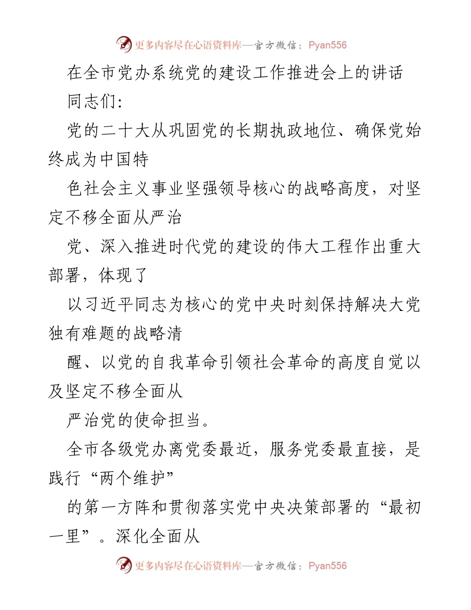 [发言] 全市党办系统党的建设工作推进会 - 深化全面从严治党，践行党的二十大精神.docx_第1页