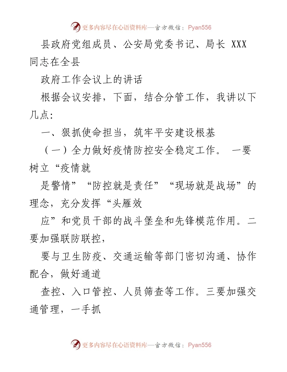 [发言] 全县政府工作会议 - 加强平安建设，确保社会稳定与安全.docx_第1页