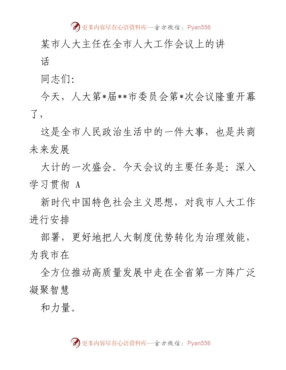 [发言] 全市人大工作会议 - 提升人大工作质量，推动高质量发展.docx_第1页